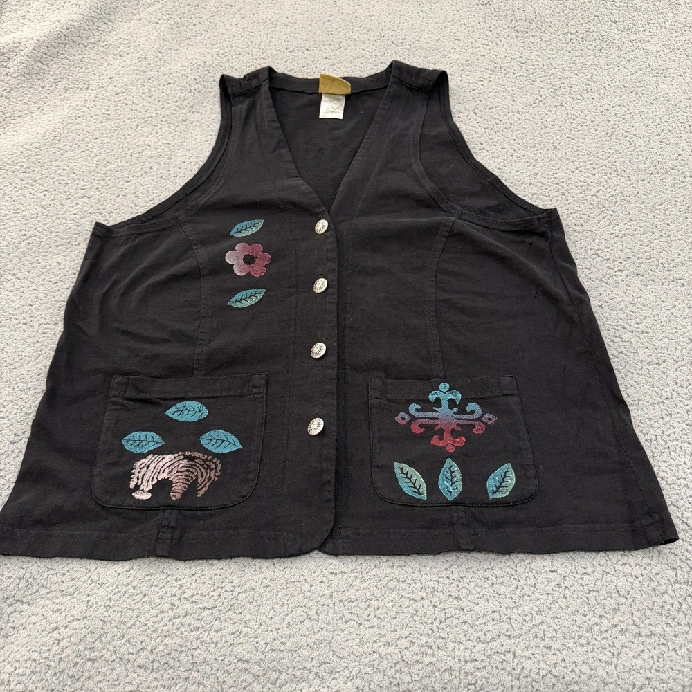 Blue Cactus Womens Button Front Vest Large Black Cotton Southwestern Floral USA